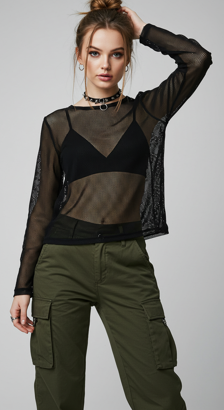 Mesh Top with Bralette and Cargo Pants Birthday Outfit for Edgy Vibes