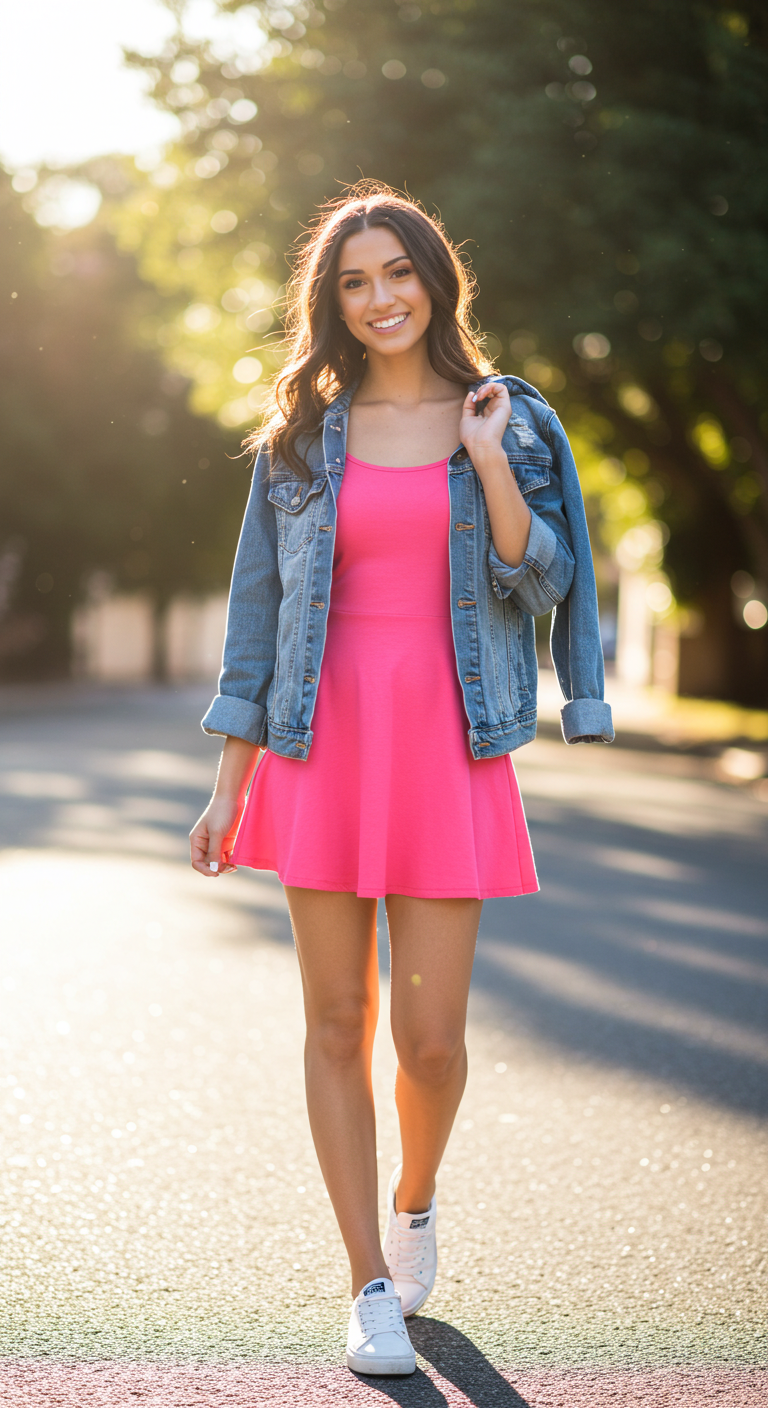 Mini Skater Dress Birthday Outfit with Denim Jacket and White Sneakers