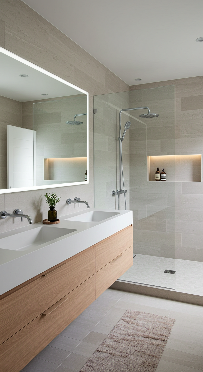 Minimalist master bathroom with floating double vanity and frameless glass shower