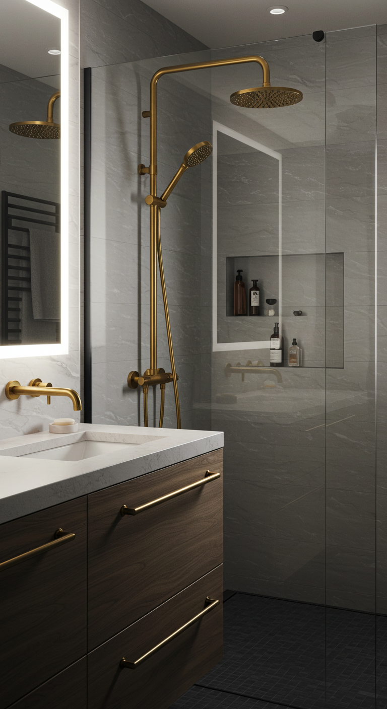 Mixed metals bathroom with brushed gold and matte black fixtures