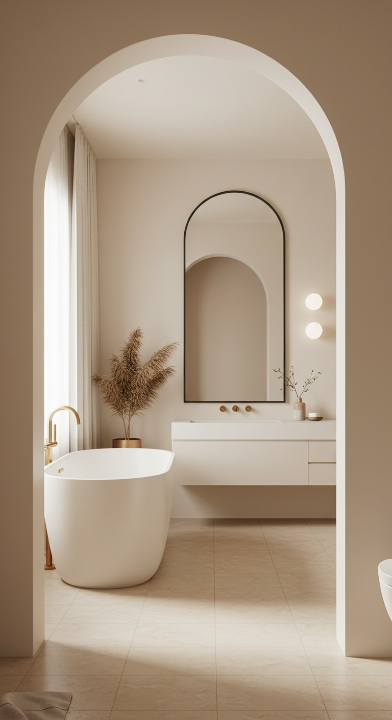 Modern bathroom with arched doorway, arch mirror, and soft beige palette