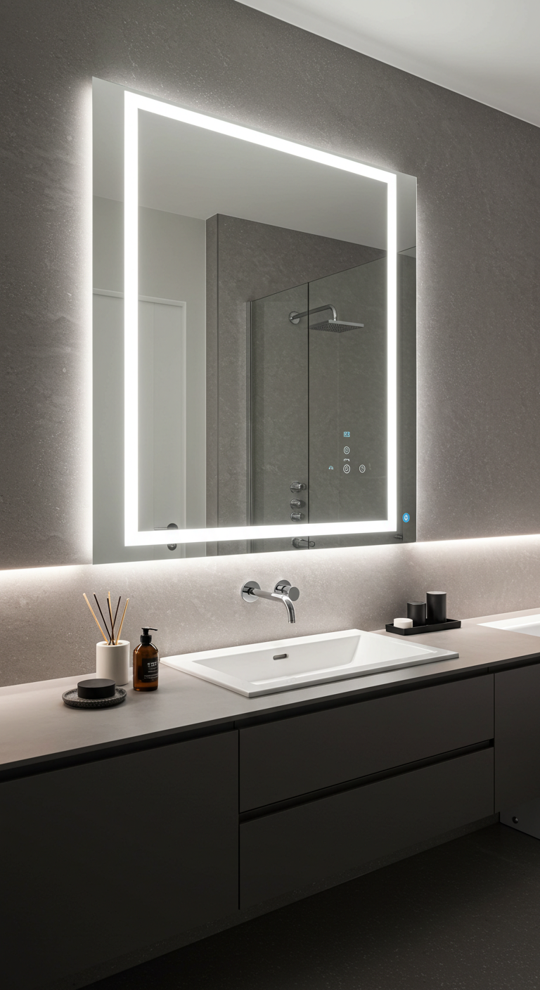 Modern bathroom with smart mirror, touch controls, and ambient LED lighting
