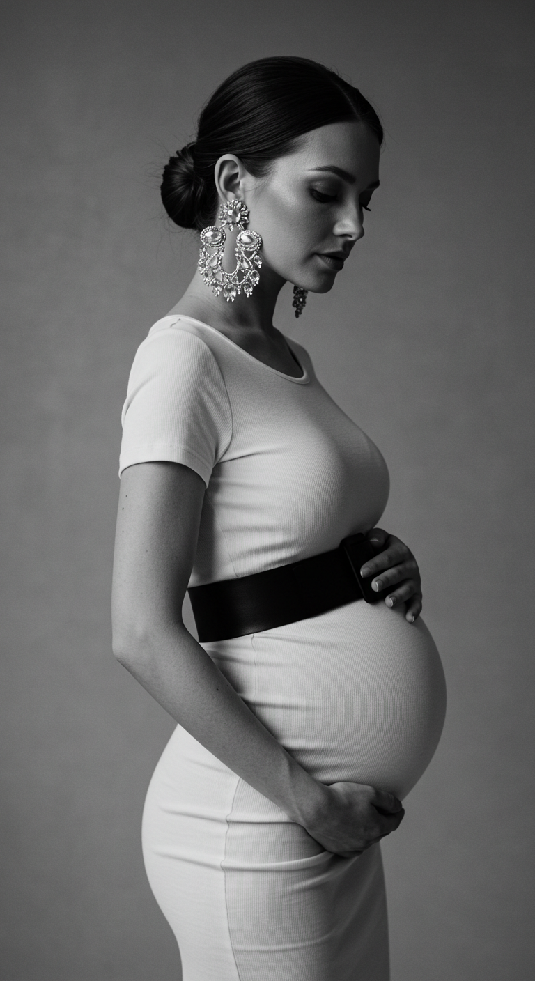 Monochrome Maternity Look with Bold Accessories
