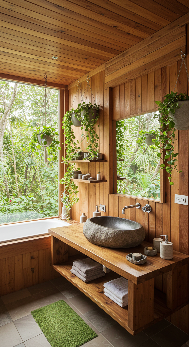 Nature-inspired bathroom with wooden walls, stone sink, and live green plants