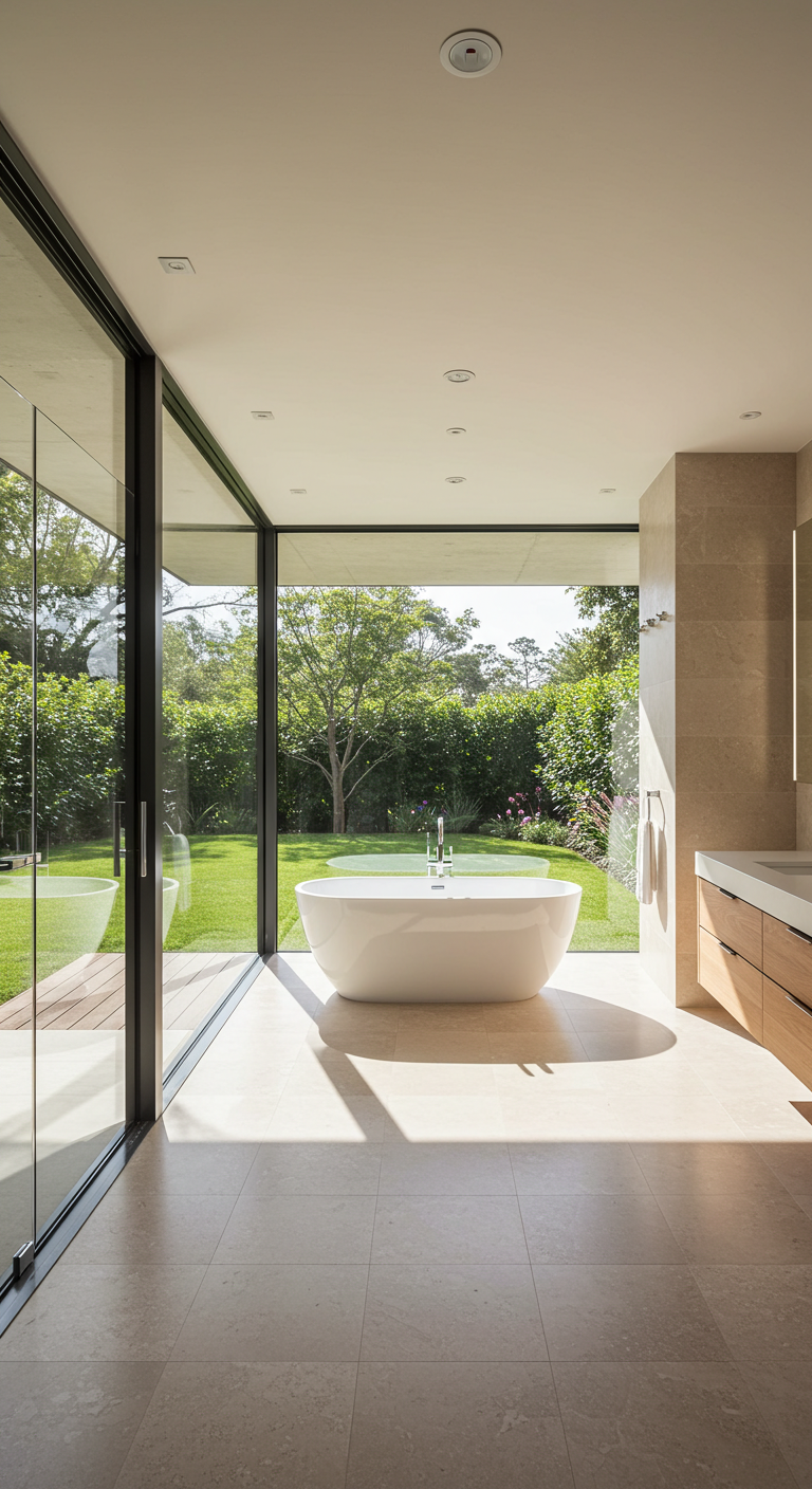 Open-concept master bathroom with large windows and soaking tub