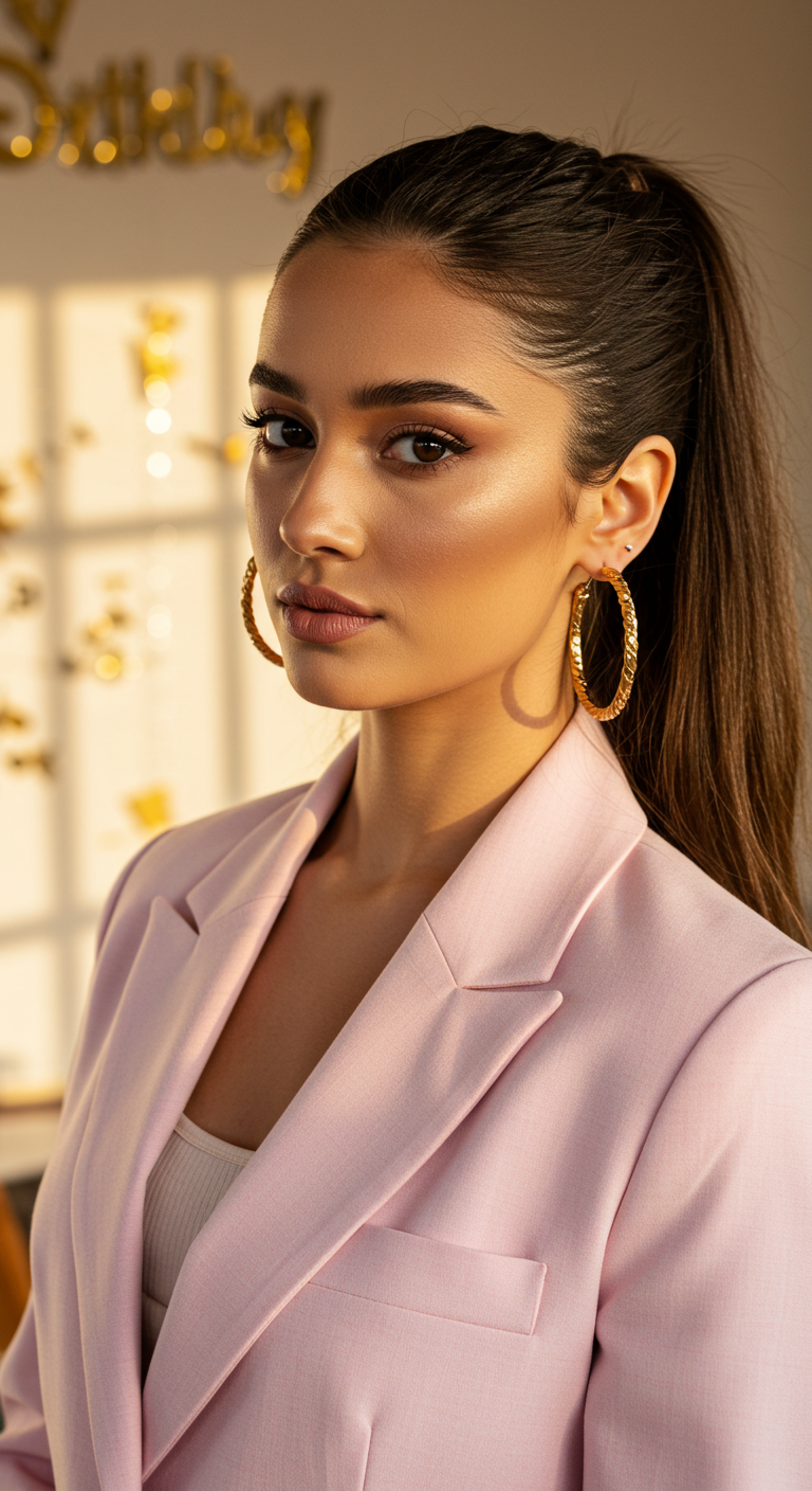 Pastel Pink Blazer Birthday Outfit with Gold Hoop Earrings and High Ponytail