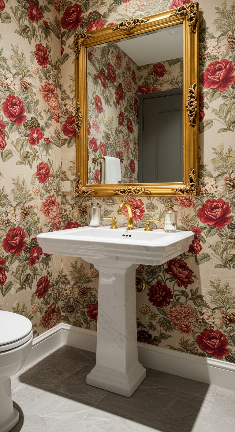 Powder room with floral wallpaper, gold mirror frame, and pedestal sink