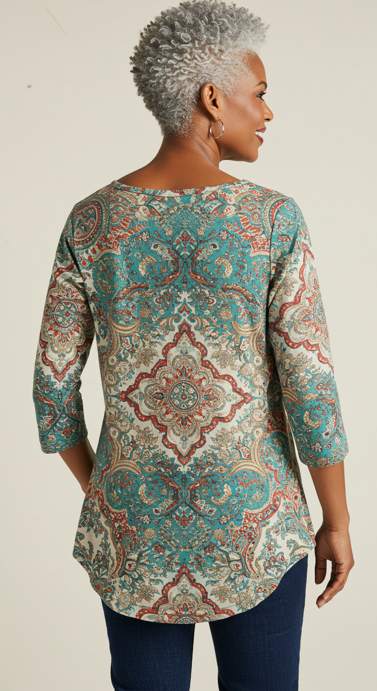 Printed boho-style tunic top with curved hem for women