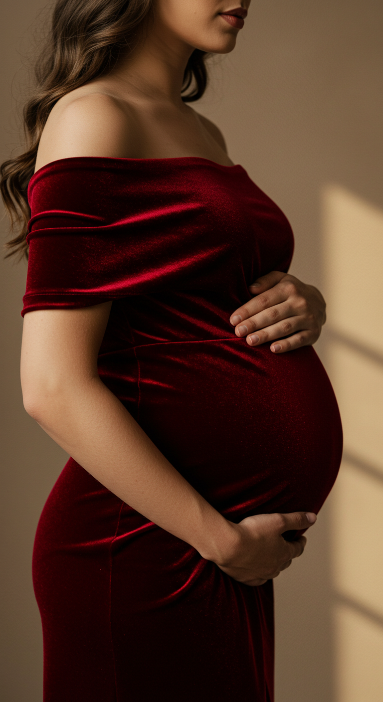 Red Velvet Off-Shoulder Maternity Dress