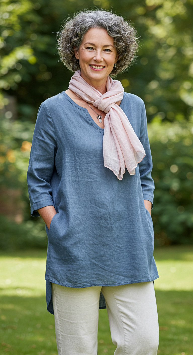 Relaxed fit linen tunic top with scarf – stylish top for women