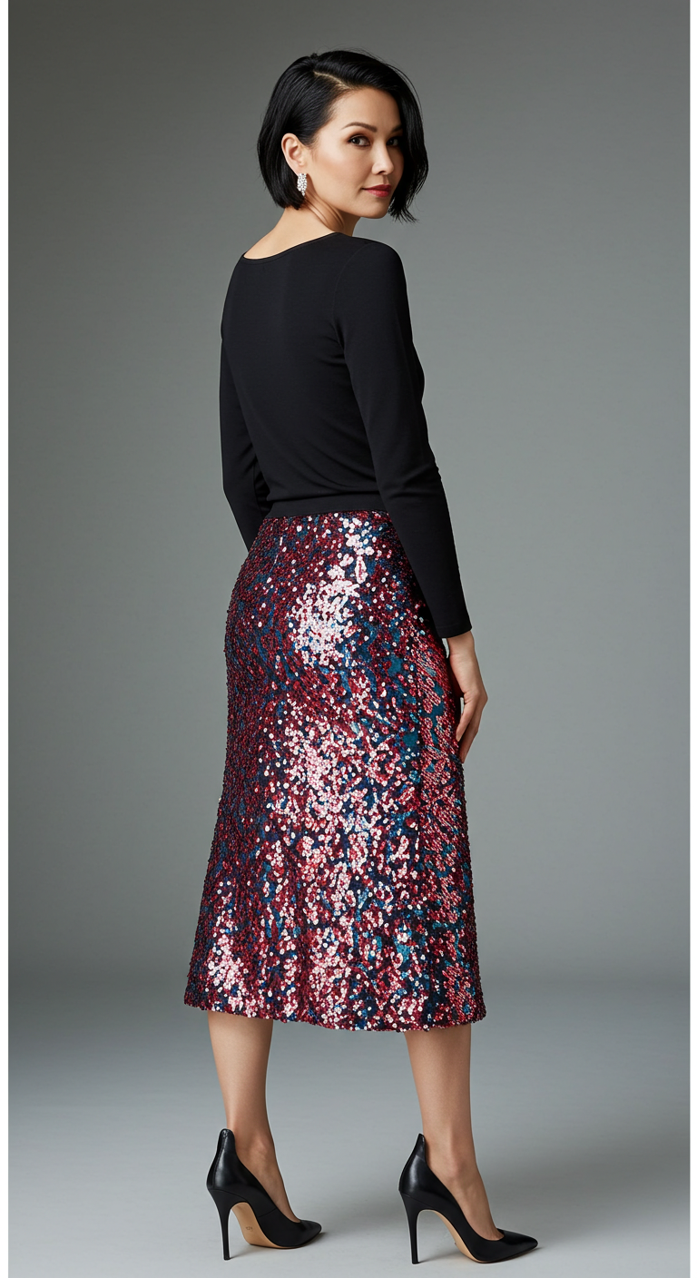 Sequined Skirt with Simple Black Top for Women