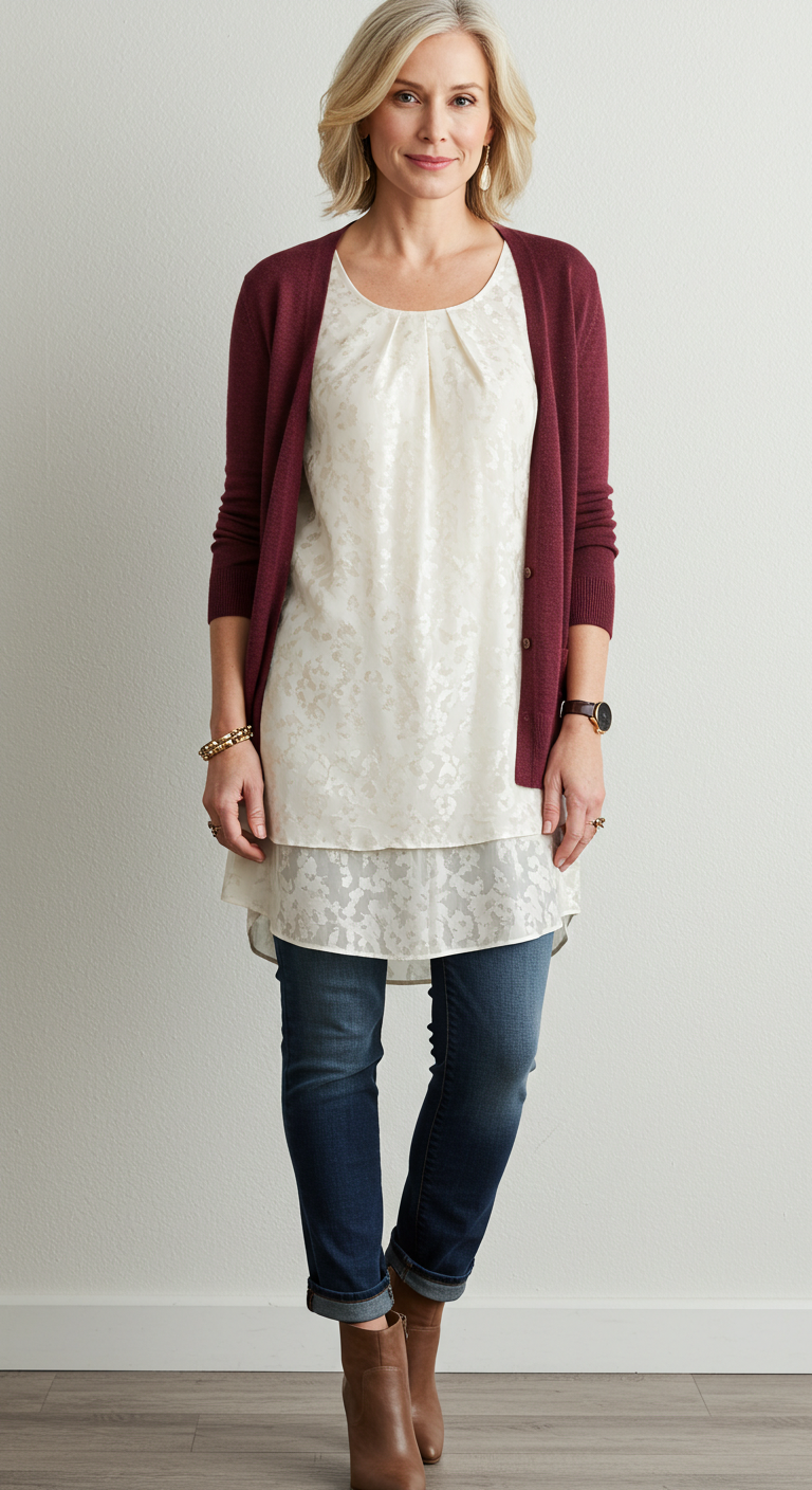 Sleeveless tunic top layered with cardigan – outfit idea for women