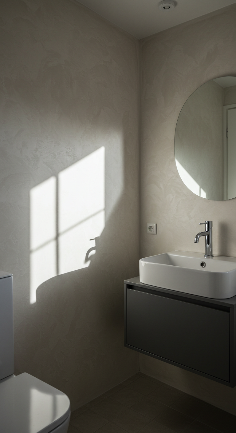Small bathroom with smooth plaster walls and natural light