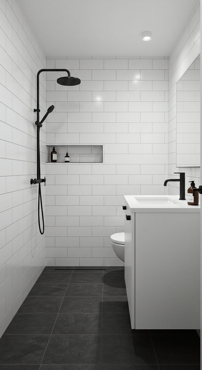Small bathroom with white subway tiles and matte black hardware