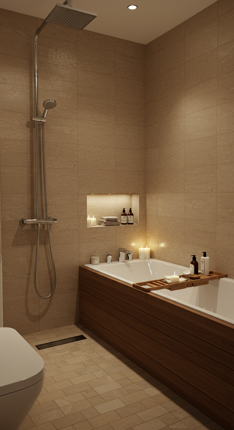 Small spa-style bathroom with rainfall shower, soft lighting, and beige tiles