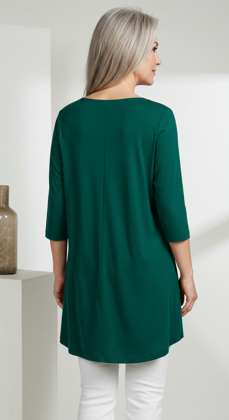 Solid color A-line tunic top with 3/4 sleeves for women