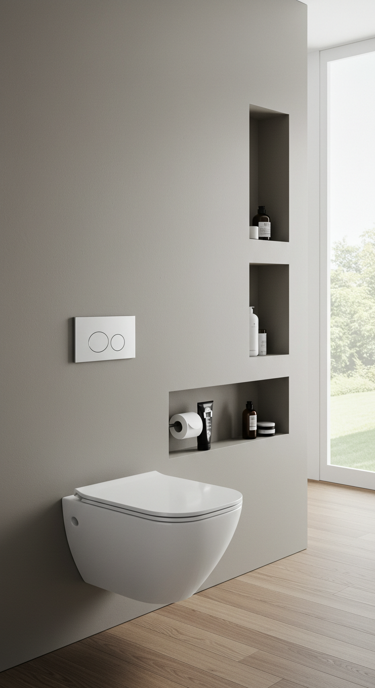 Space-saving bathroom with wall-mounted toilet and recessed storage