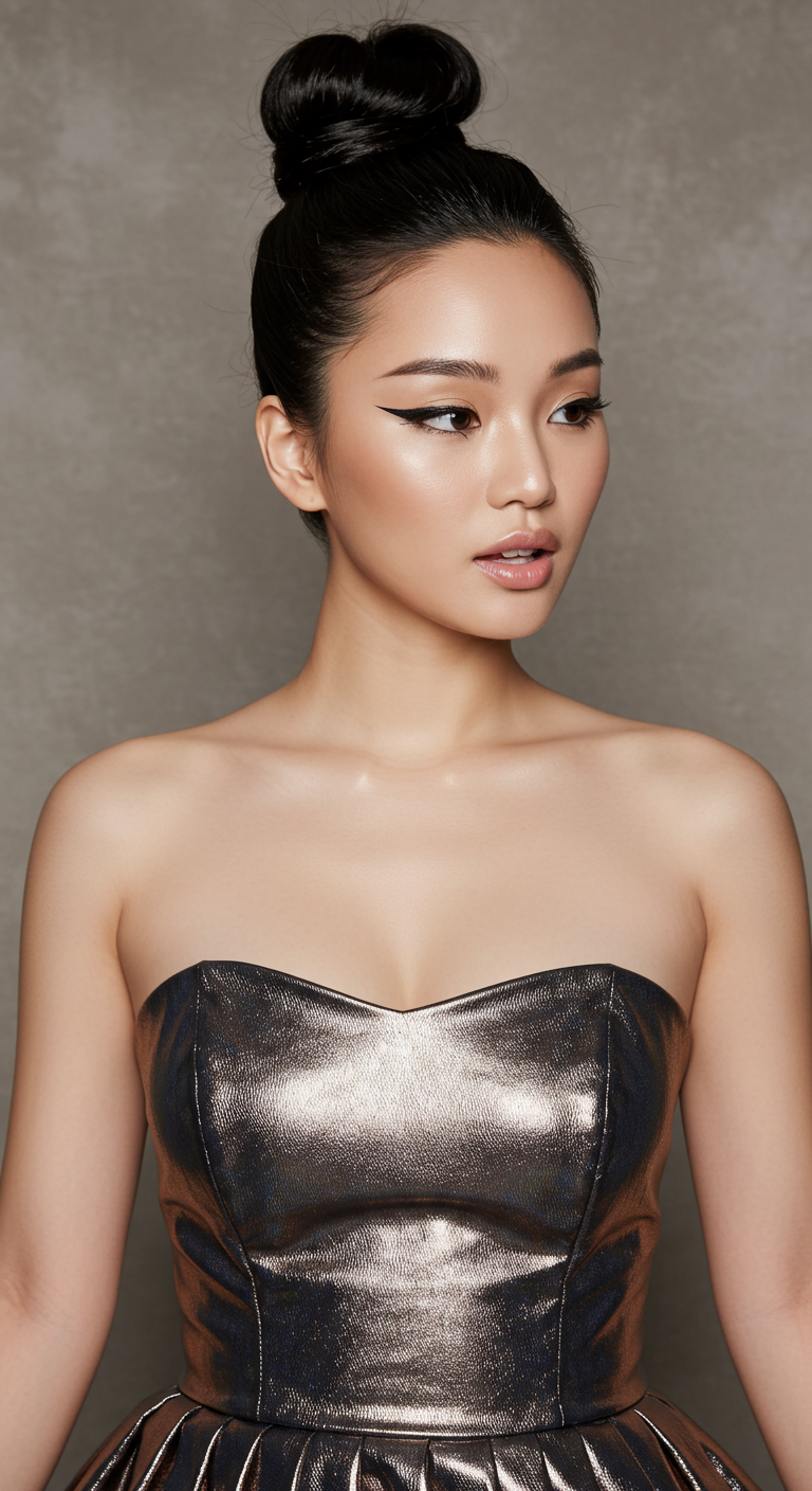 Strapless Metallic Birthday Outfit with Slick Bun and Bold Eyeliner