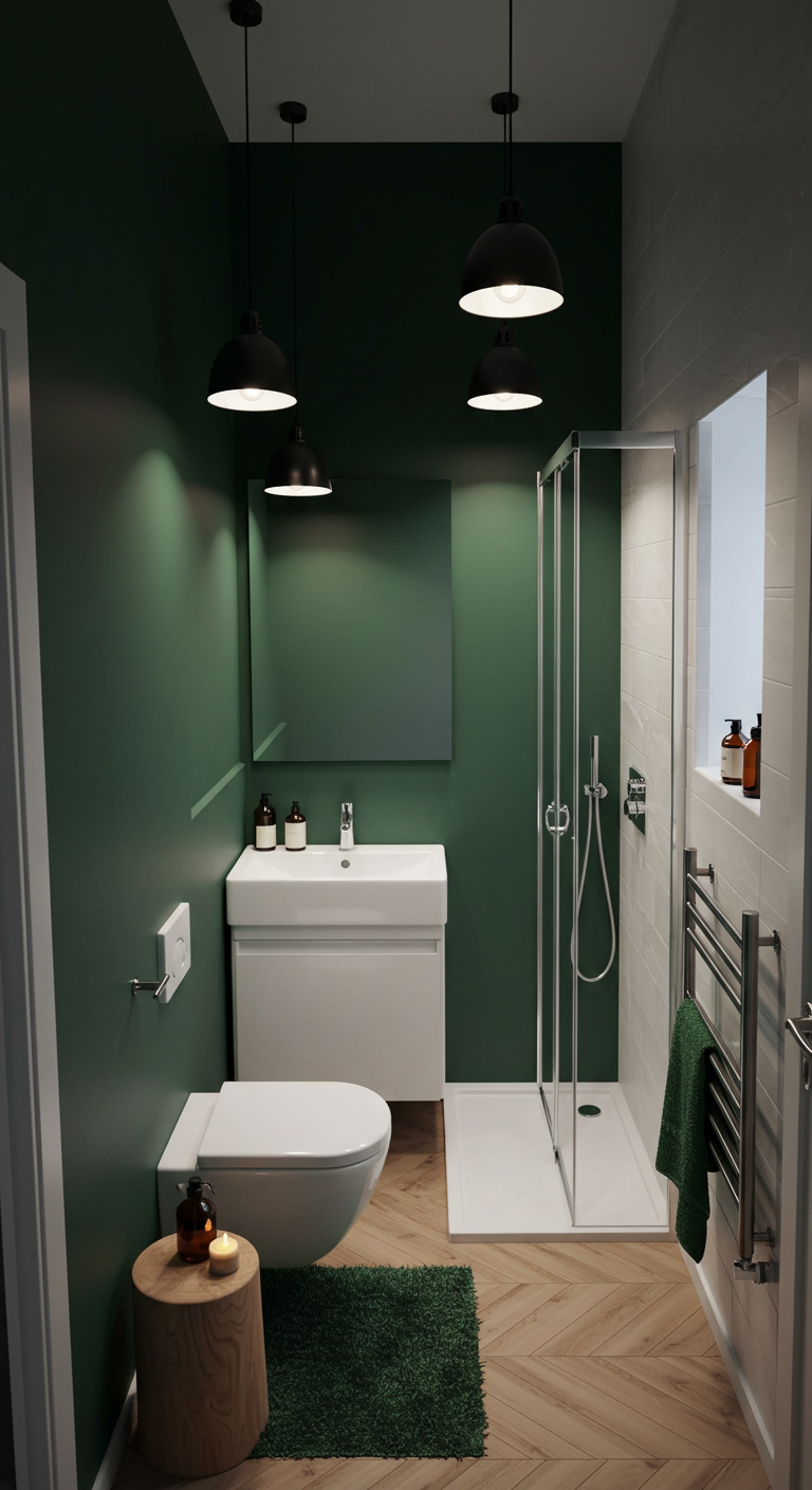Tiny bathroom with bold pendant lighting and deep green accent wall