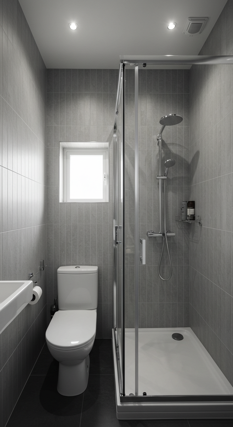 Tiny bathroom with corner shower, glass door, and vertical tile