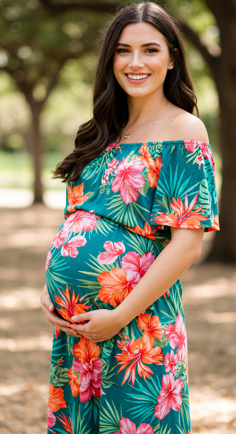 Tropical Print Off-Shoulder Maternity Dress