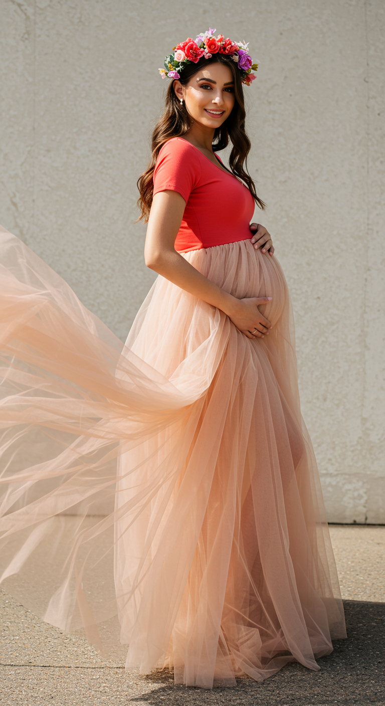 Tulle Skirt Maternity Dress with Bold Top