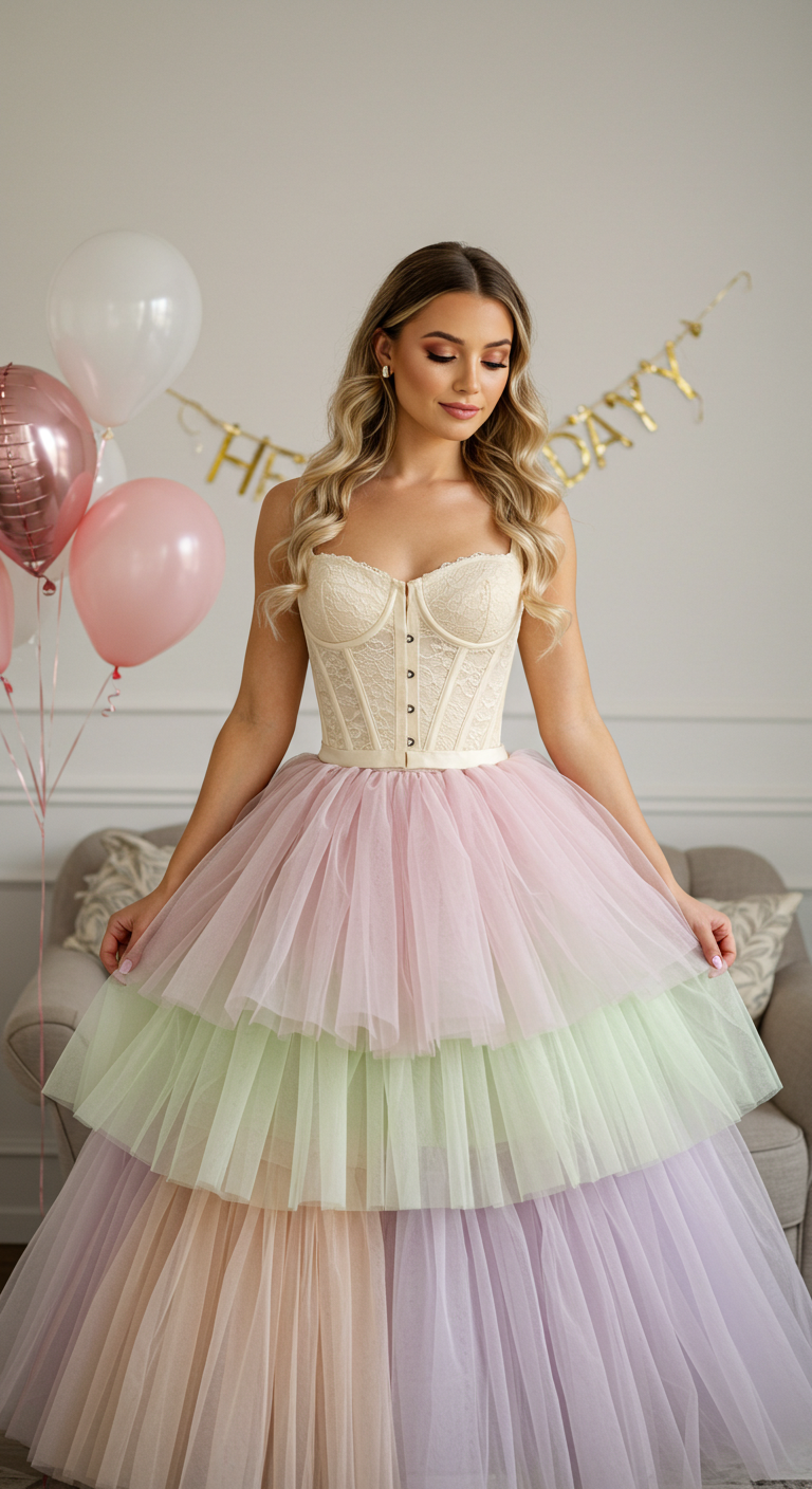 Tulle Layered Skirt Birthday Outfit with Corset Top and Romantic Makeup