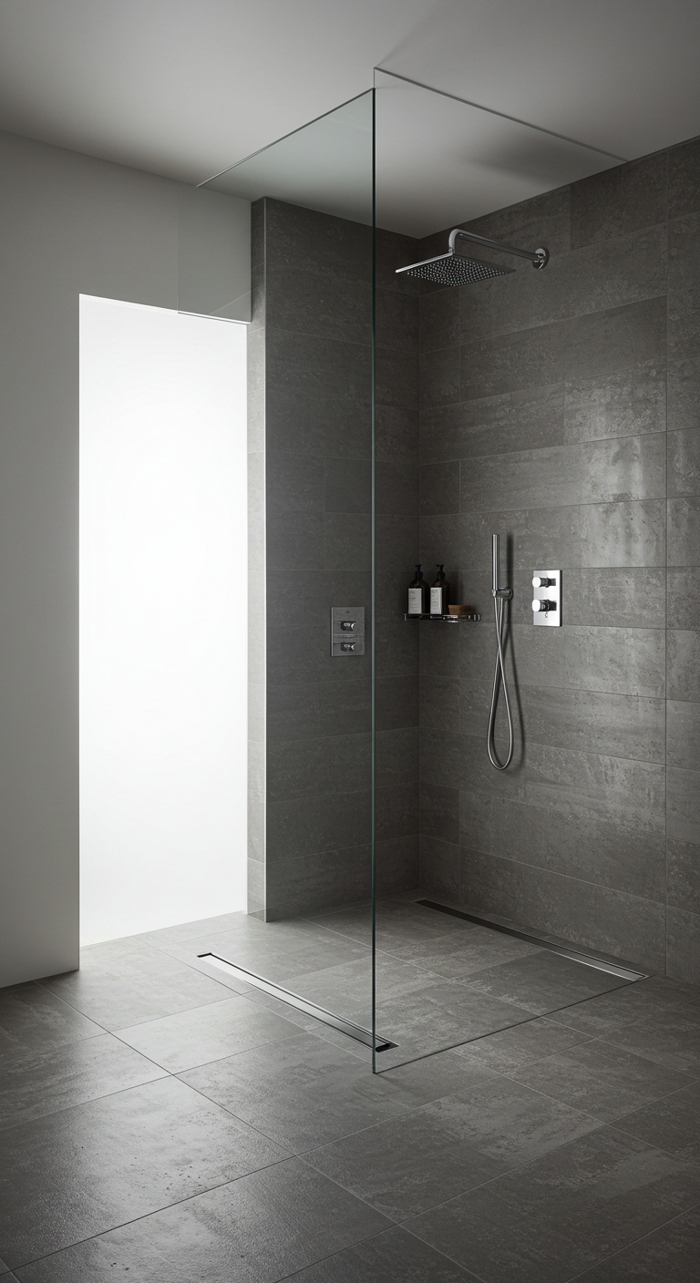 Wet room with large shower area, linear drain, and glass divider
