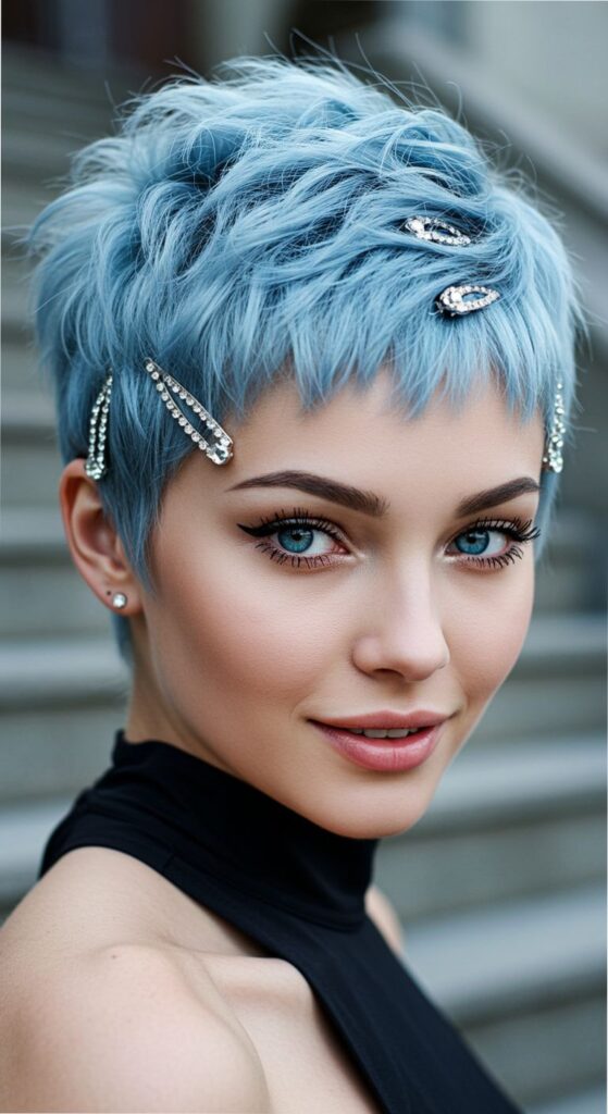 Icy Blue Pixie Cut with Gem Clips