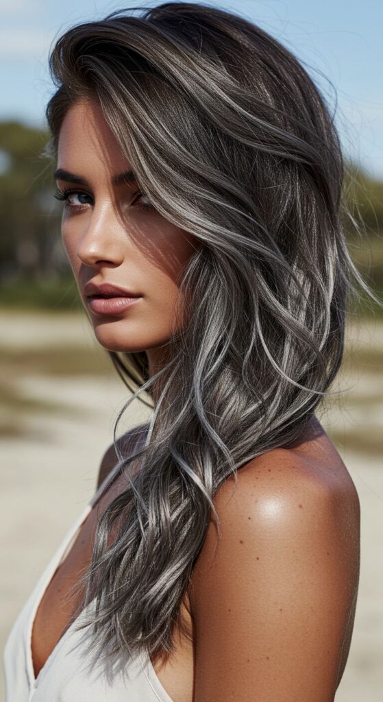 Ashy Brunette Balayage with Silver Veins