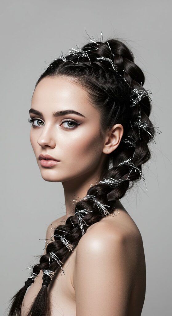 Braided Ponytail With Sparkly Tinsel