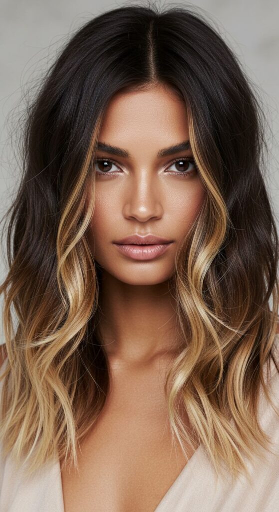 Deep Brunette with Champagne Blonde Accents