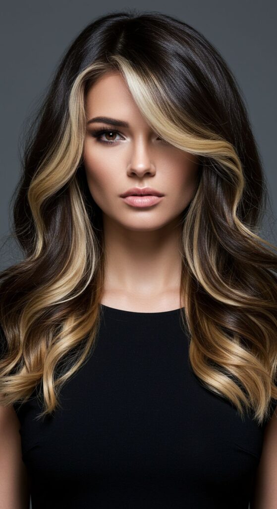 Deep Brunette with Champagne Blonde Peekaboo Layers