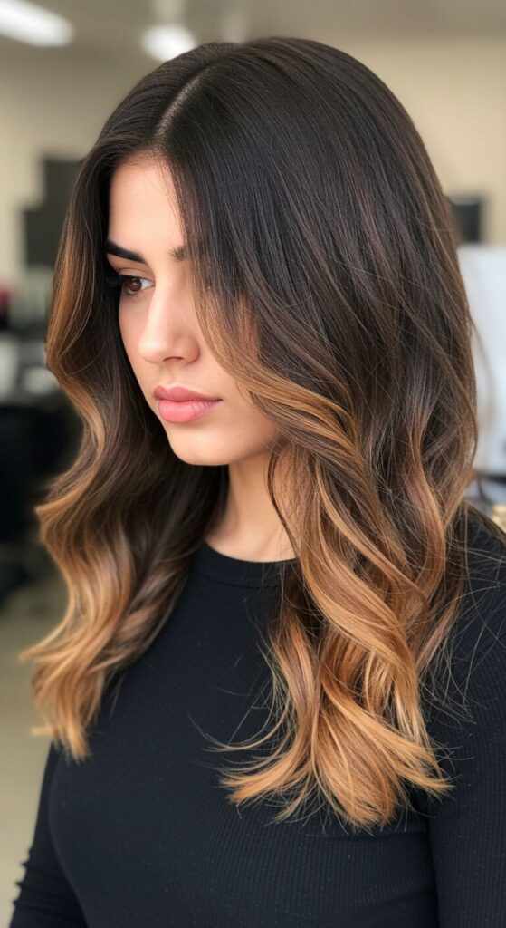 Layered Brunette Balayage with Soft Caramel Ends