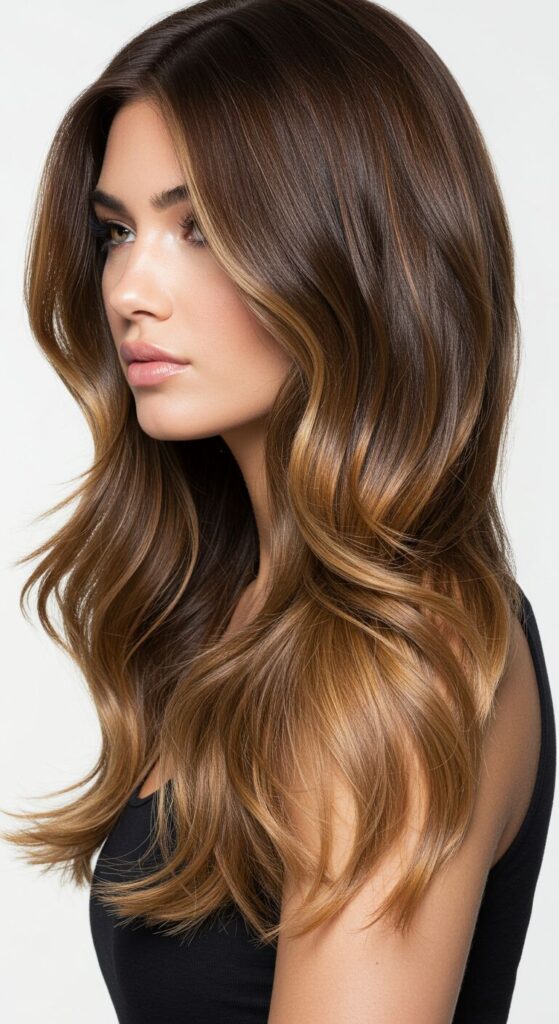 Layered Brunette Balayage with Soft Caramel Ends